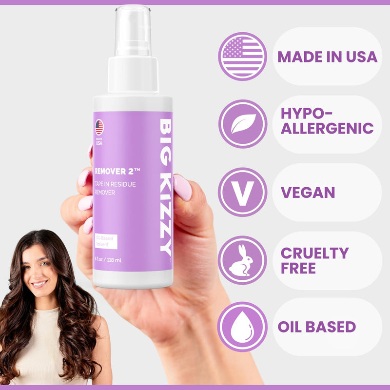Big Kizzy Remover 2 (4oz) - Tape In Extension Remover for Residue - Quick + Non-damaging Human Hair Extension, Wig, & Hair System Adhesive Residue Remover