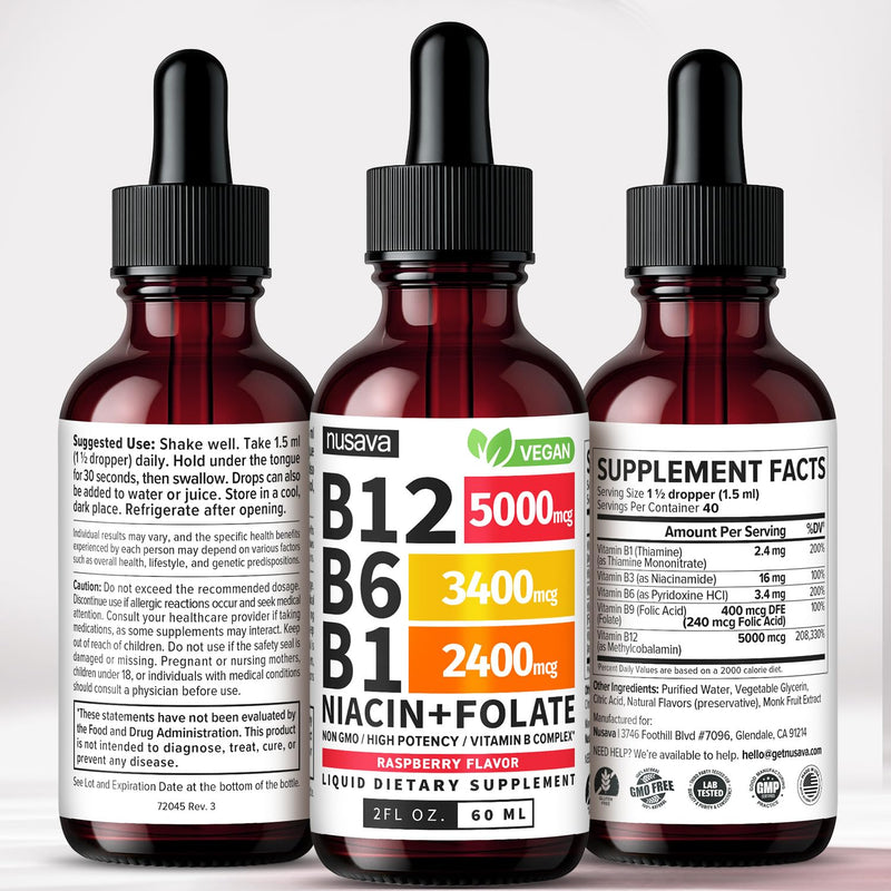 NUSAVA B12 Liquid Drops 5000mcg, Raspberry, Pack of 2 | Energy, Brain and Heart Support, Methylcobalamin B12 with B6, B1, Niacin and Folate, Sublingual Drops for Women and Men 2 Fl Oz (Pack of 2)