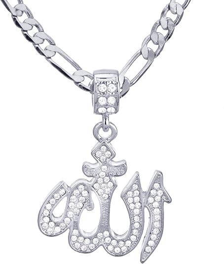 24" Figaro Chain Men's Silver Plated Iced Allah Sign Pendant Necklace KC 1137 S