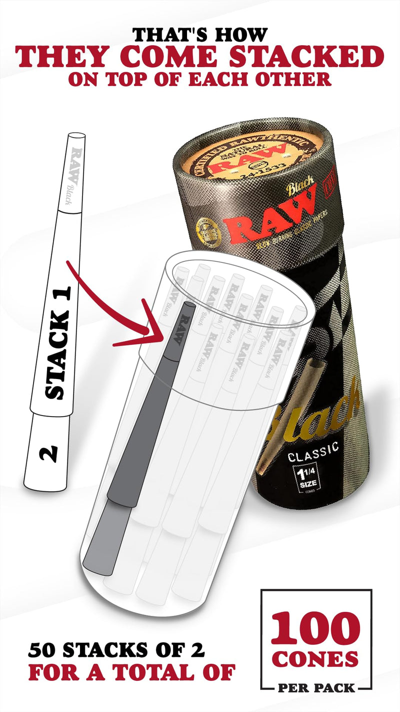 [Australia] - RAW Cones Classic Black 1-1/4 Size | 100 Pack | Natural Pre Rolled Rolling Paper Pressed Extra Fine for Thin, Slow Burning, Naturally Translucent Paper with Tips & Packing Tubes Included 