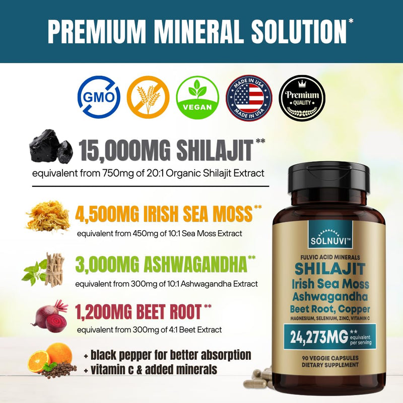 [Australia] - Shilajit Pure Himalayan Organic Capsules 15000mg with Irish Sea Moss, Ashwagandha, Copper, Beet Root - Fulvic Acid Trace Minerals Supplement for Men & Women - 90 Count, Non-GMO, Gluten-free 