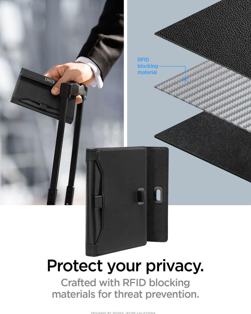 Spigen Life Passport Card Cover Holder, RFID Blocking | Travel Document Organizer, SIM Card Pin Included - Black Black - with AirTag Holder