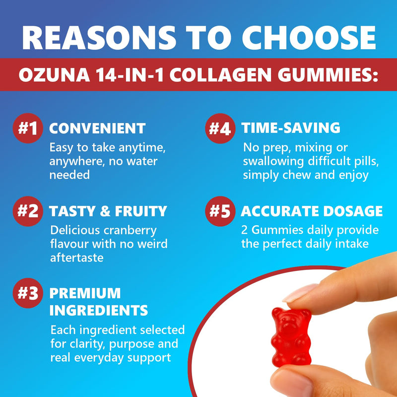Marine Collagen Gummies with Keratin, Biotin & Bamboo | 14-in-1 Multi-Complex | Cranberry Flavour | 60 Gummies | Supports Hair, Skin, Nails & Joints