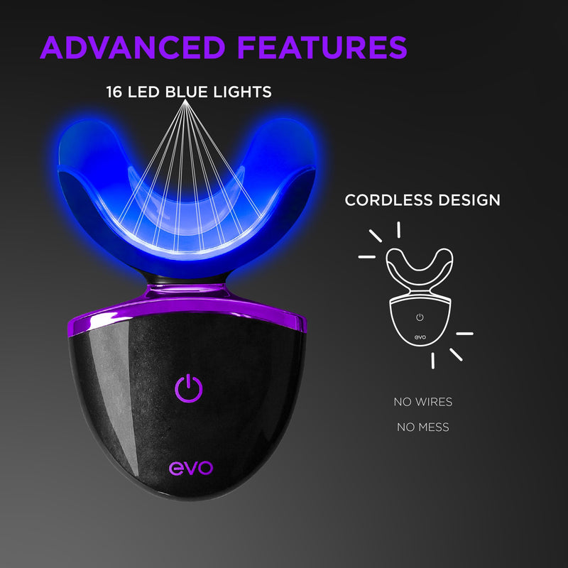 [Australia] - EVO LED Light Teeth Whitening Kit with Blue Light Mouthpiece, Enamel Safe Stain Remover, Charging Travel Case, Includes 3 Whitening Pens, 30-Minute Treatments 