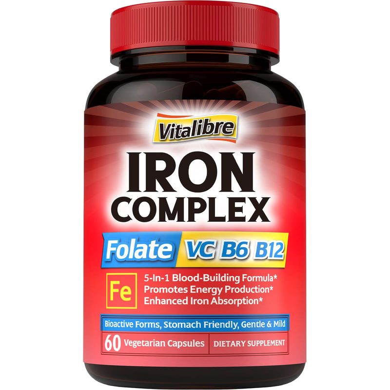 Vitalibre Iron Complex Supplement 60 Capsules & 6 in 1 Magnesium Complex Supplement 120 Capsules, Non-GMO, Gluten Free