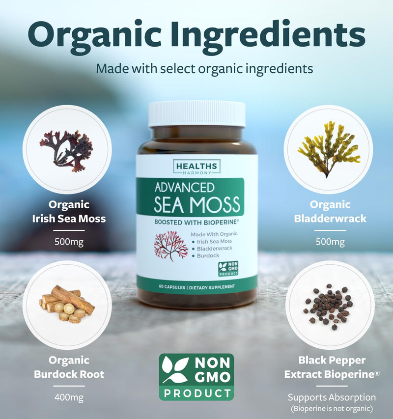 Bundle of Thyroid Support & Sea Moss - Sea Moss Thyroid Care Pack - Thyroid Support with Iodine (120 Caps) & Irish Sea Moss Capsules - Raw Vegan Supplement with BioPerine (Non-GMO & Organic)