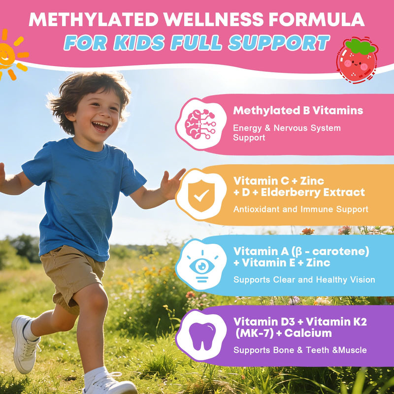 Kids Multivitamin Gummies with Omega-3 (Dha+Epa), Methylated B12, Folate | with B6, B2 & Elderberry, Vitamin D3, C, A, E, Zinc, Postbiotics, Choline | for Brain, Eye & Immune, Clean, 60 Cts 60 Count (Pack of 1)