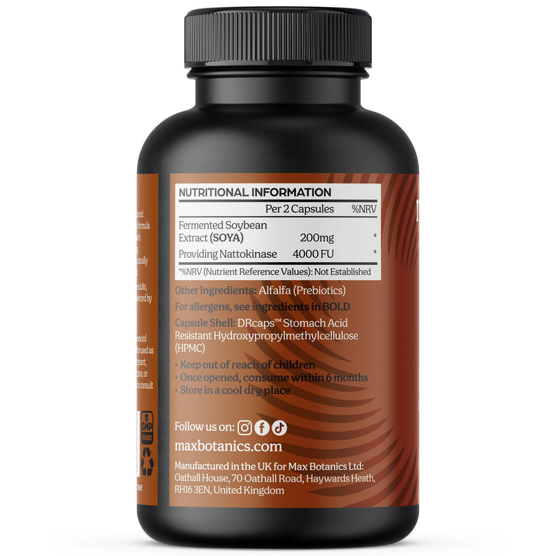 Nattokinase Supplement 4000 FU Supports Circulation Cholesterol & Cardiovascular Health High Strength Natural Japanese Natto Enzyme GMP Certified Zero Additives Vegan 120 Capsules UK Made 120 count (Pack of 1)