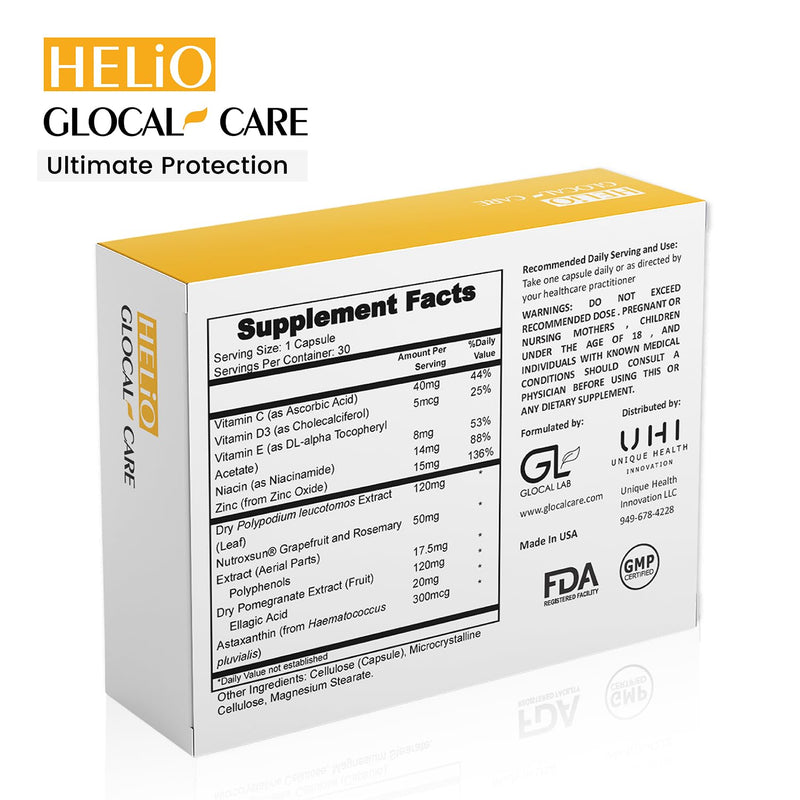 [Australia] - GlocalCare Helio Supports Skin Against UV Rays & Promotes Healing from Sun Damage - Polypodium Leucotomos Extract, Nutroxsun, Astaxanthin 