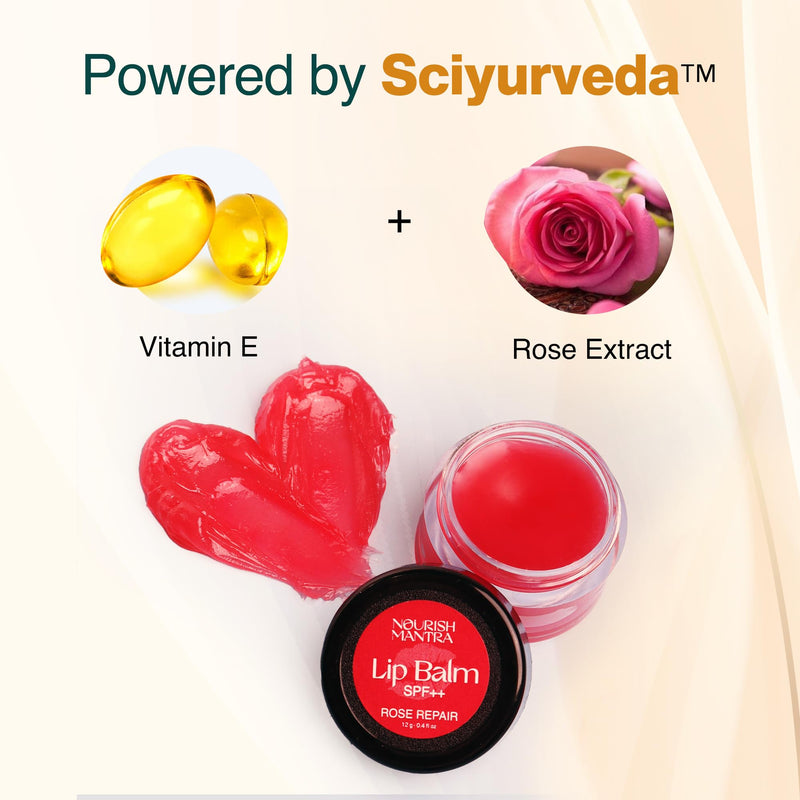 Nourish Mantra - Rose Repair Lip Balm with SPF | Made with Rose Extracts, Olive oil, Shea Butter, Vitamin E and Avocado Oil | For Dry, Chapped and Dark Lips | Best for Both Women and Men | 12g