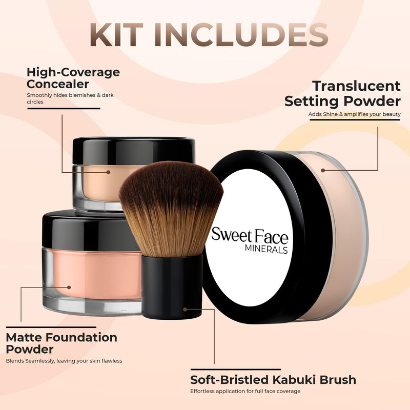 [Australia] - 4pc Full Size Kit (Light Tan) Mineral Makeup Matte Translucent Loose Foundation + Kabuki Brush + Concealer + Finishing Setting Powder + Bare Face Full Coverage SPF 30 with Gel Face Primer 3Oz SPF 30 