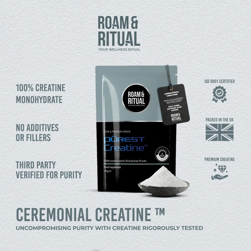 Ceremonial Creatine™ Powder 150g | Unflavoured, No additives or fillers | Third Party Verified for Purity | Purest Creatine™ - Lowest in the Market for DCD, DHT & Creatinine by Roam & Ritual™