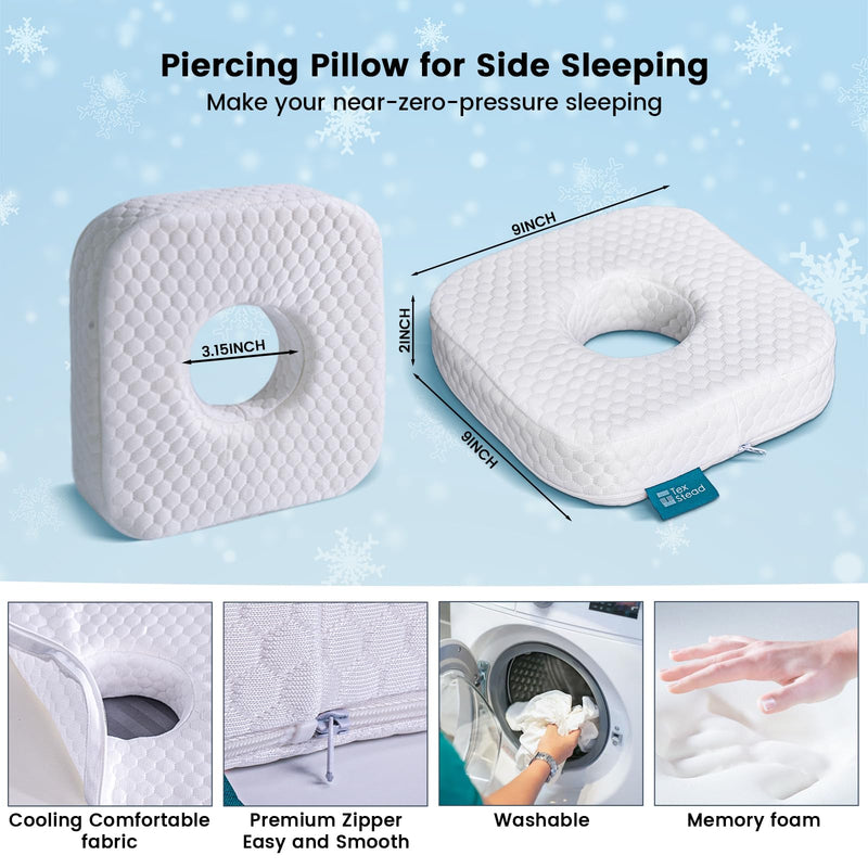 [Australia] - Ear Pillow with Ear Piercing for Side Sleeping, Ear Hole Memory Foam Donut Pillows for Ear Pain CNH Earring Pierced Pillow, Square, White Square-white 