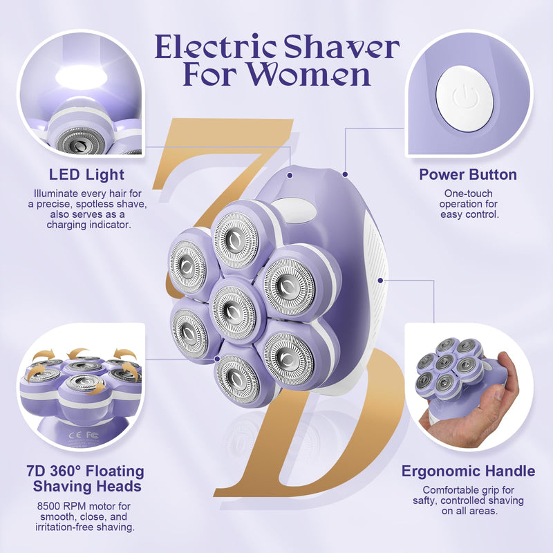 [Australia] - 7D Electric Razor for Women: Fast & Painless Full-Body Shaver for Legs & Face – Waterproof Hair Remover with Light & Travel Cover – Wet/Dry Use, Smooth Close Shave, Birthday Mother’s Gift 