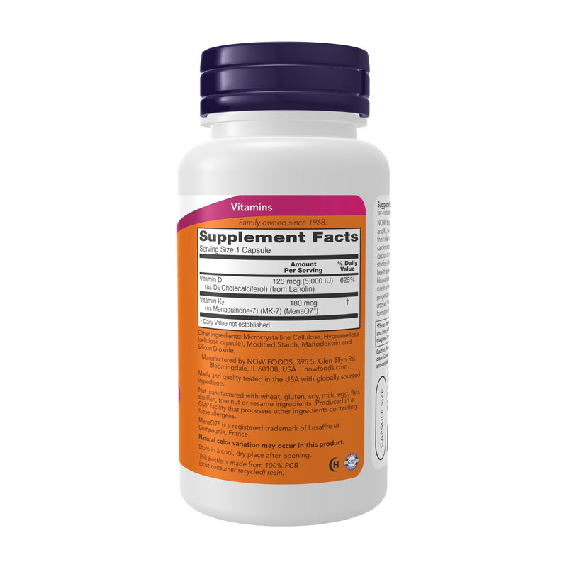 NOW Supplements, Mega D-3 & MK-7, 5000 IU / 180 mcg, Bone & Cardiovascular Support*, Vitamins K-3 & K-2, 120 Capsules 120 Count (Pack of 1)