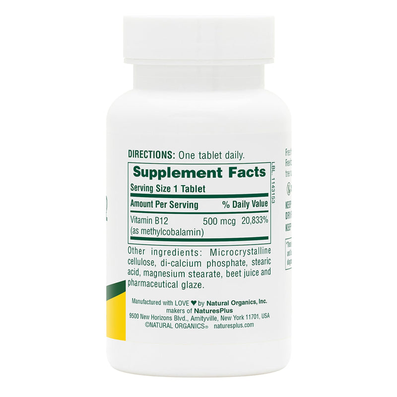 NaturesPlus Vitamin B12 500 mcg - 90 Tablets - Energy & Immune Health Support - Gluten Free, Vegetarian - 90 Servings 500 mcg (Pack of 1)