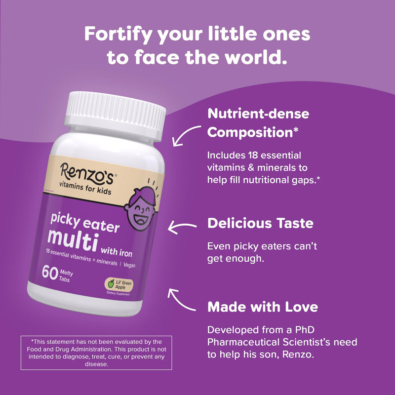 [Australia] - Renzo's Picky Eater Kids Multivitamin with Iron, Dissolving Kids Vitamins with Vitamin D3 and K2 and More, 60 Sugar-Free Melty Tabs, Lil‚Äô Green Apple Flavored 
