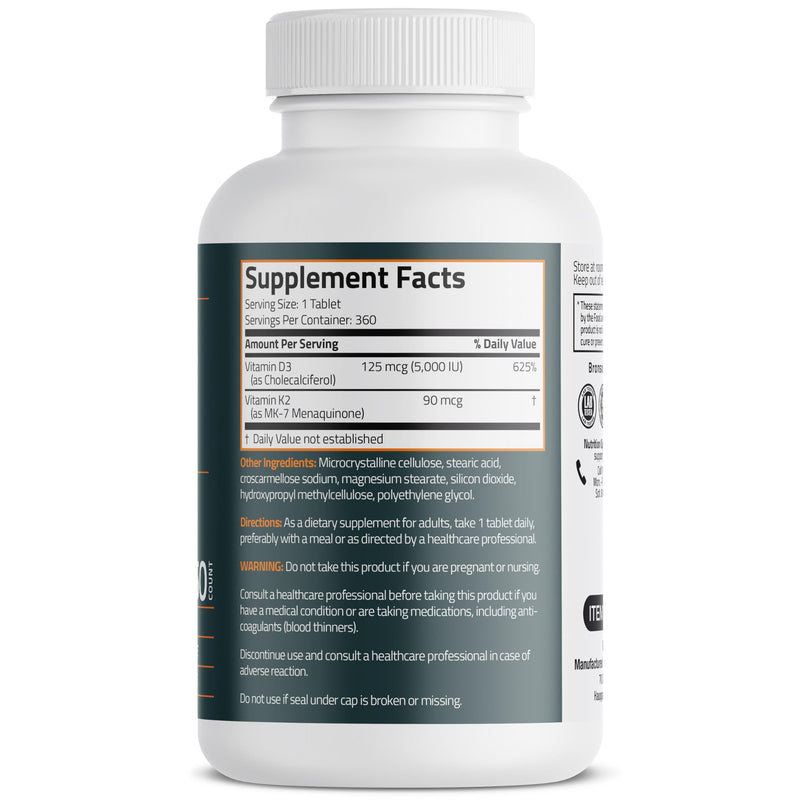 Bronson Vitamin K2 D3 (MK7) Supplement 2-in-1 D3 & K2 Complex, 360 Tablets | Bone, Immune & Heart Health Support, Gluten-Free, Soy-Free, Non-GMO, Vitamin D3 5000 IU (125 mcg) & 90 mcg K2 MK-7 360 Count (Pack of 1)