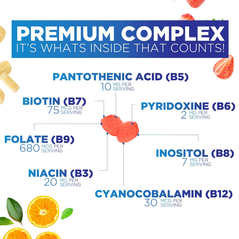 Vitamin B Complex Gummies - Extra Strength Super B Vitamin Gummy with Vitamin C, Immune Support for Men & Women - Energy and Brain Support Supplements with Folic Acid, Niacin, B6, B12 - 120 Gummies 120 Count (Pack of 1)