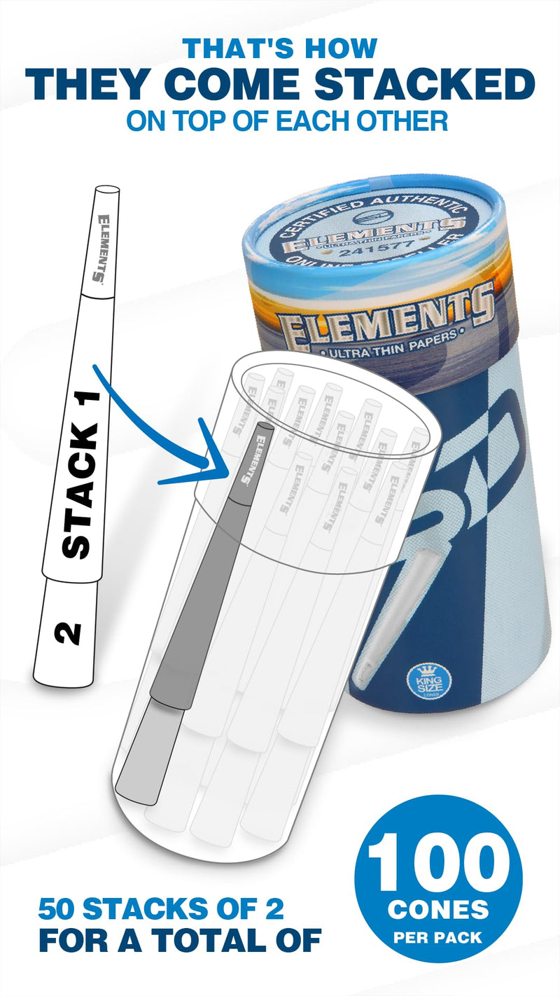 [Australia] - Elements Ultra Thin Rolling Paper Cones King Size | 100 Pack | Pre Rolled with Tips and Packing Tubes Included 100 Count (Pack of 1) 