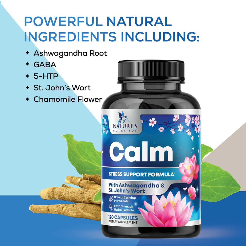 [Australia] - Stress Support Supplements for Mood & Calming with Ashwagandha, GABA, Magnesium, 5-HTP, L-Theanine & B Vitamins, Natural Immune & Stress Support to Relax, Focus, Unwind - Vegan, Non-GMO - 120 Capsules 120 Count (Pack of 1) 
