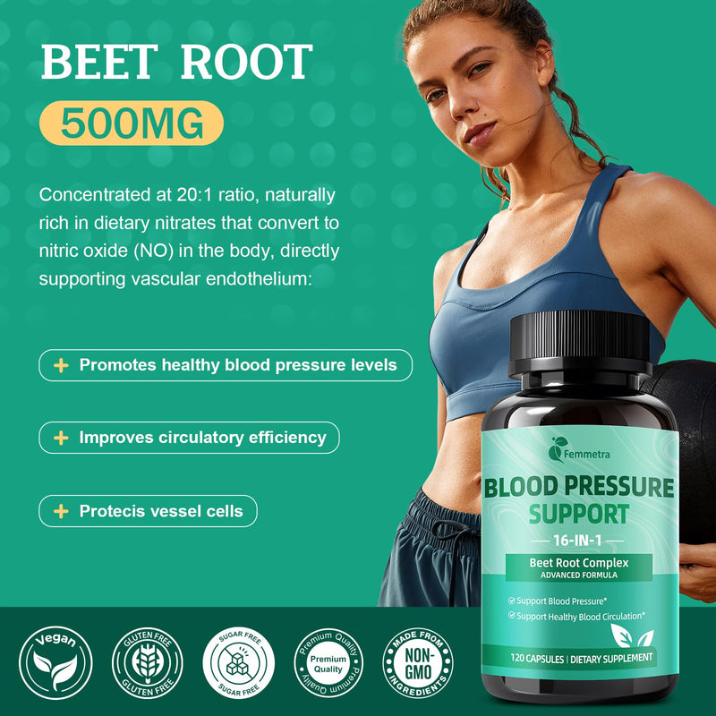 [Australia] - 16-in-1 Blood Pressure Supplements with 500mg Beetroot Powder - Nitric Oxide Supplement for Healthy Blood Circulation, Heart Healthy & Blood Pressure Support - 120 Vegan Capsules 