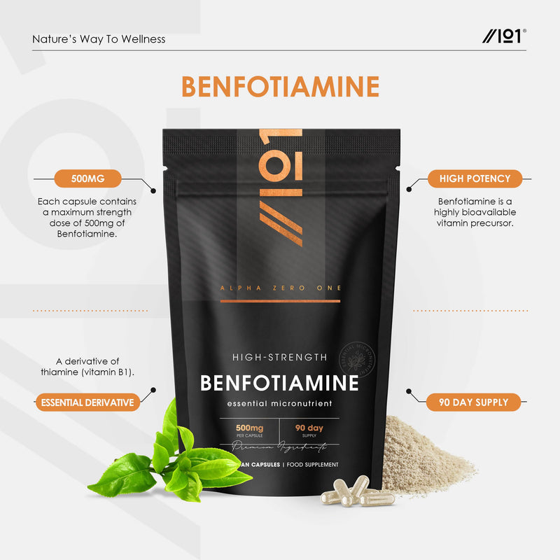 Benfotiamine 500mg – 90 Vegan Capsules – High Strength Vitamin B1 Derivative for Nerve Health, Blood Sugar & Energy – Resealable and Recyclable Pouch by Alpha01