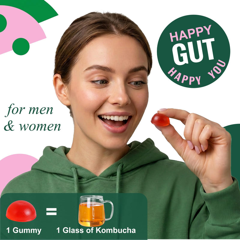 Probiotic Kombucha Gummy with Prebiotics & Postbiotics, 1.6 Billion CFU 丨Elm Bark and Dandelion Root Extracts for Gut Health & Digestive Balance, 60 Gummies Berry Flavor Chewable for Women & Men