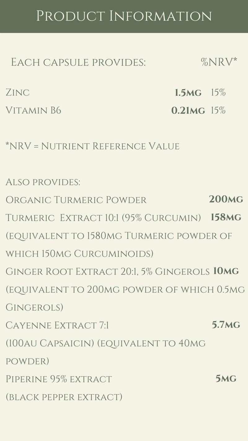 Organic Turmeric Complex High Strength – Curcumin with Ginger, Black Pepper (Piperine), Cayenne, Zinc & Vitamin B6 – Joint & Immune Support – 90 Vegan Capsules