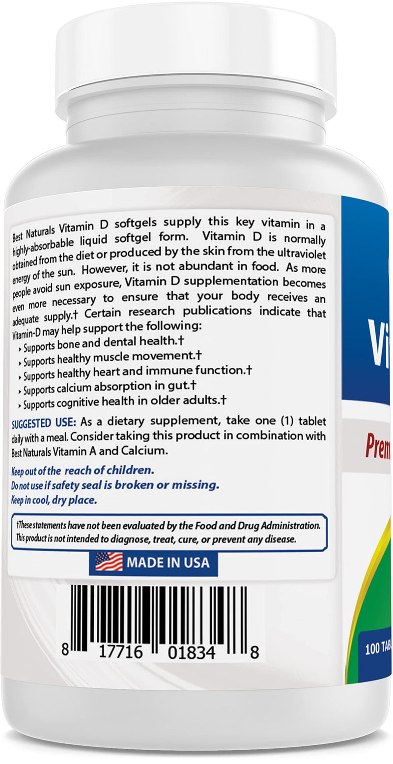 Best Naturals Vitamin D3 2000 IU (50 mcg) - 100 Tablets - 100 Days Supply - Helps Support Immune Health, Strong Bones and Teeth, & Muscle Function (100 Count (Pack of 2))