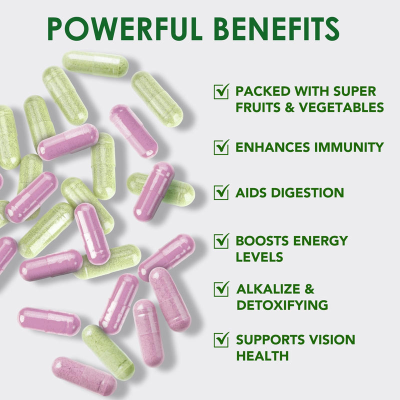 Fruits & Veggies Capsules – Daily Superfood Blend with 30+ Fruits & Vegetables – 2 Bottles, 180 Vegetarian Capsules (3 Month Supply) – Plant-Based, Non-GMO, Gluten Free