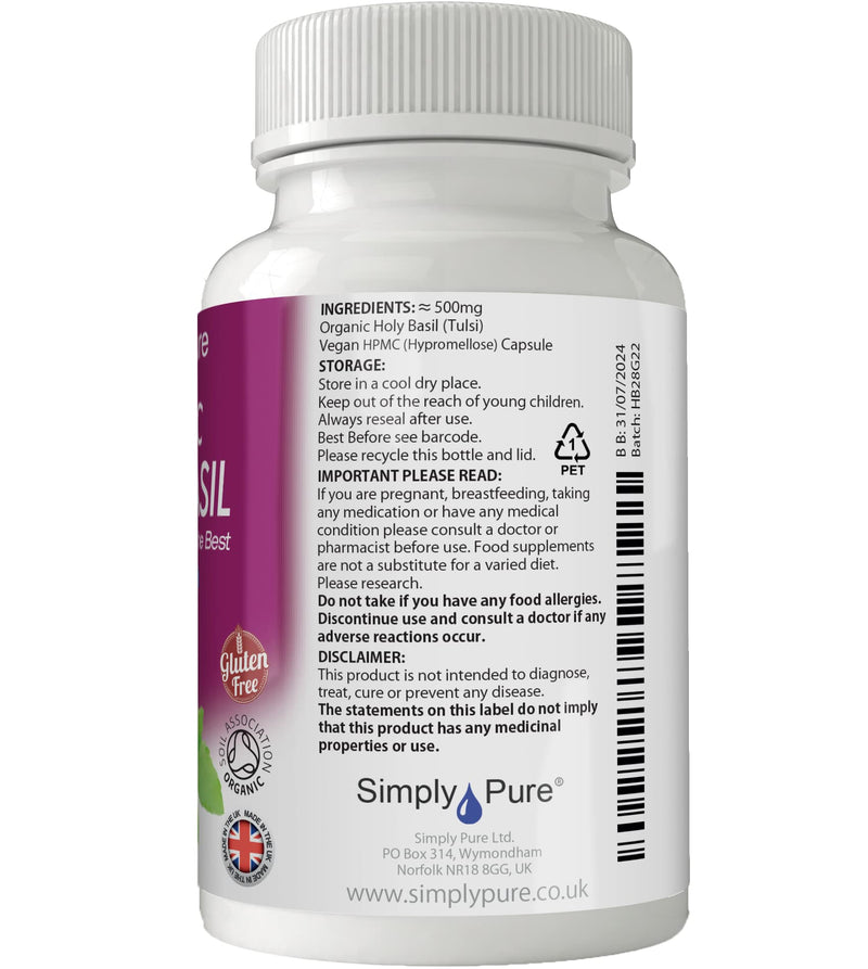 Organic Holy Basil for Mental Balance & Energy | 500mg Capsules x 90 | 100% Pure Soil Association Certified | Gluten Free | GM Free | Vegan