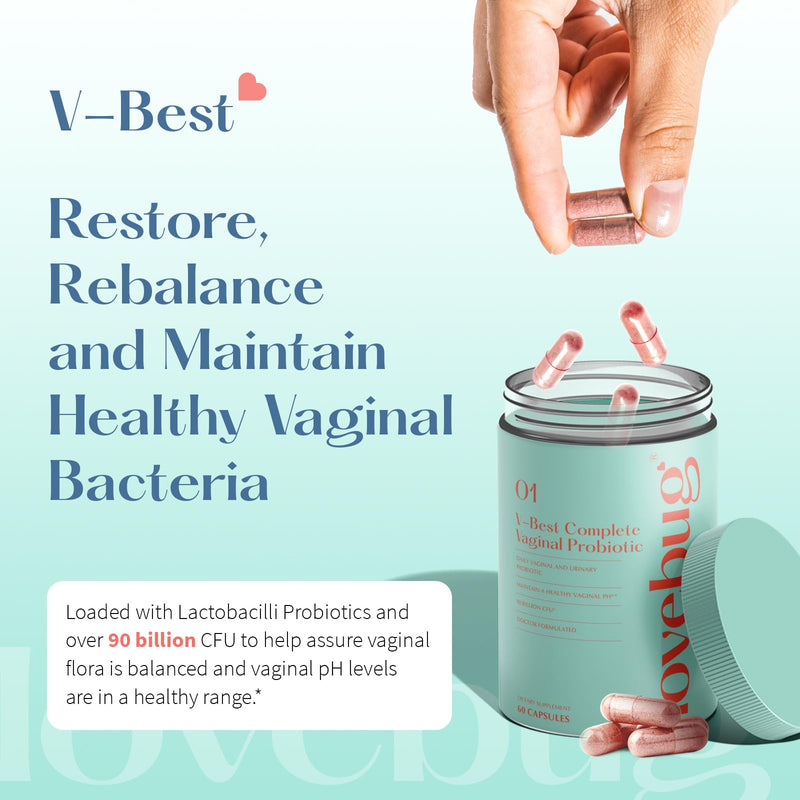 [Australia] - Lovebug V-Best Vaginal Probiotics - 90 Billion CFU Womens Probiotic for PH Balance, Urinary Tract Health, BV & Odor, Probiotics for Women with Lactobacillus Acidophilus, Rhamnosus GG, Reuteri - 60 Ct 