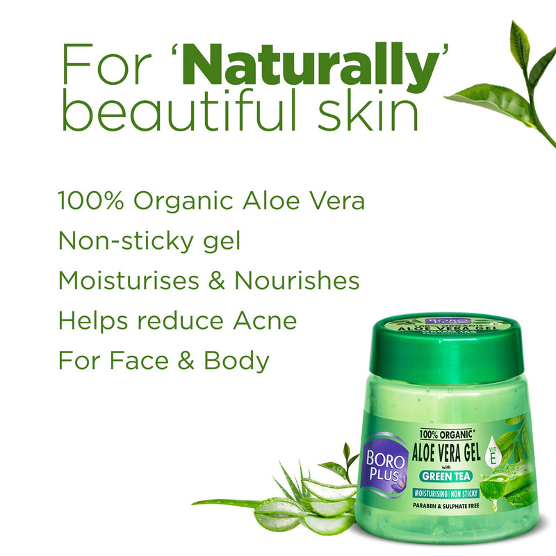 BOROPLUS Aloe Vera Gel with Green Tea & Vitamin E | 100% Organic, Non-Sticky | Soothes Sunburn, Fights Pimples, Moisturizes Skin | Paraben-Free | 6.76 Fl Oz (200ml)