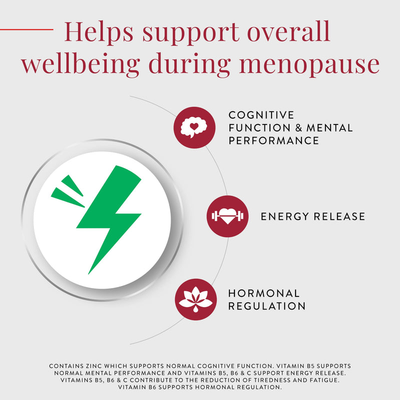 Menopause Support Focus & Energy Support 30 Tablets, containing Vitamin C, B5, B6 and Zinc.