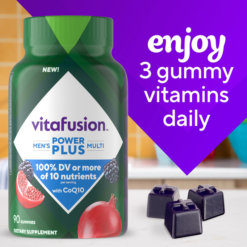 Vitafusion Power Plus Men's Multivitamin Gummies | 90 Gummy Vitamins | with CoQ10 | Blueberry Pomegranate Flavor | Gluten Free Adult Supplement 90 Count (Pack of 1) Power+ Men's Multivitamins