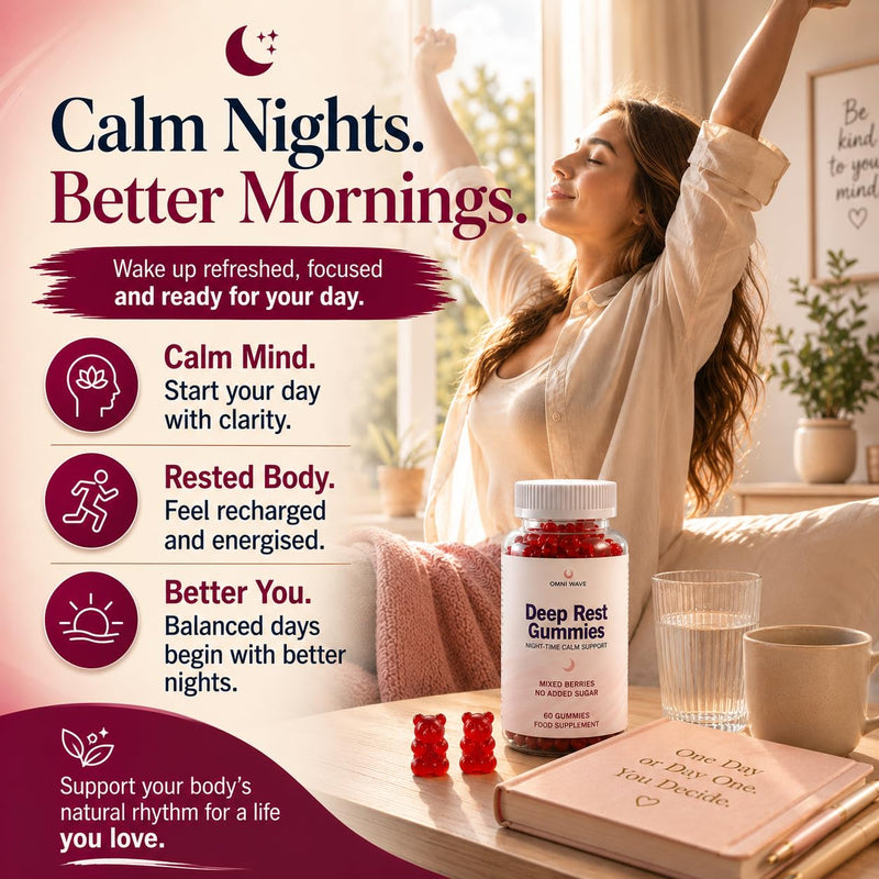 Omni Wave Deep Rest Gummies | Relaxation & Sleep Support with L-Theanine, Magnesium Bisglycinate, Glycine, Lemon Balm, Passion Flower & Chamomile | No Added Sugar Mixed Berries | Vegan | 60 Gummies