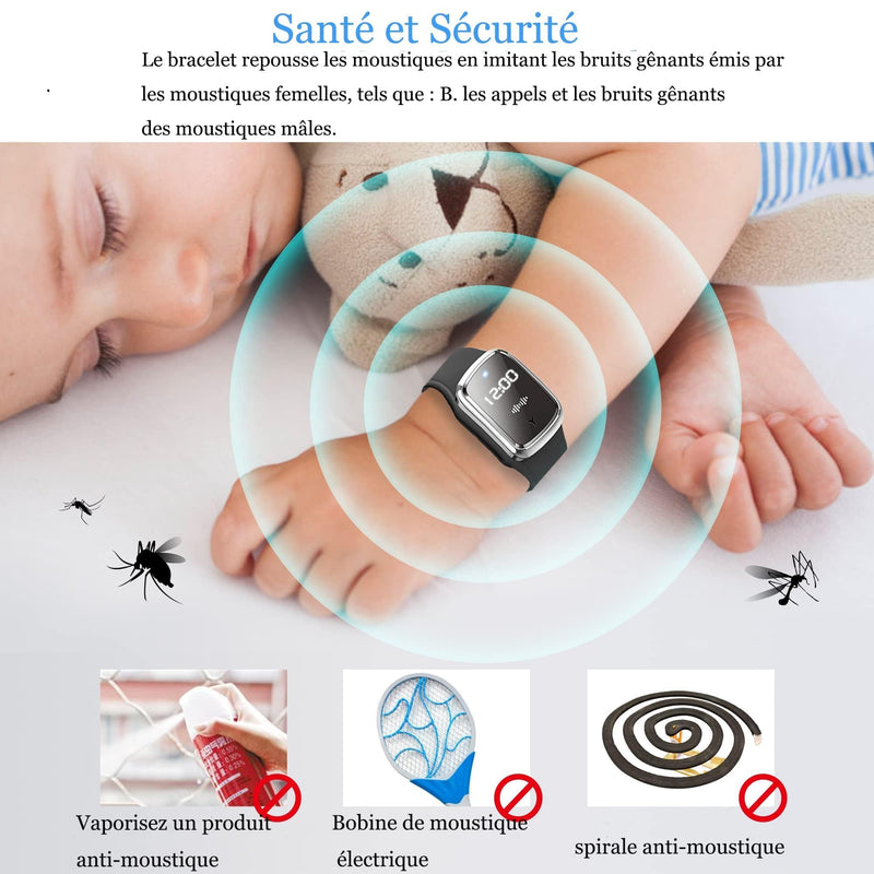 [Australia] - Feloyal Mosquito Repellent Bracelets, Body Temperature Display and Clock, USB Rechargeable, Waterproof, Ultrasonic, for Adults and Children, Indoor and Outdoor (Black) 