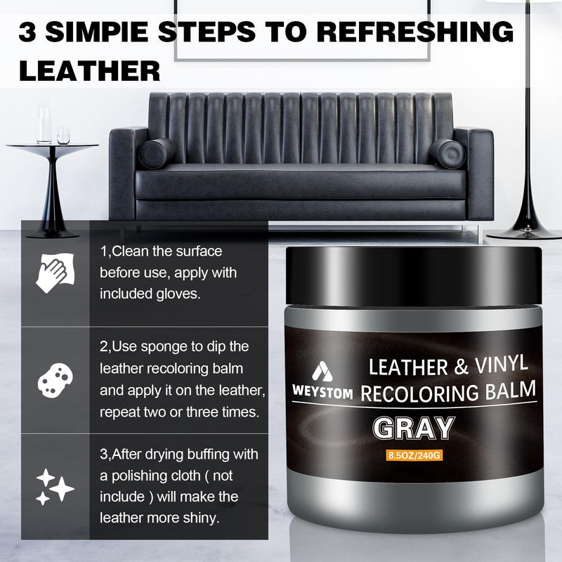 Leather Recoloring Balm - Gray Leather Repair Kit for Furniture, Leather Dye, Recolor, Renew, Repair & Restore Aged, Faded, Cracked, Peeling and Scuffed Leather 8.5OZ Grey