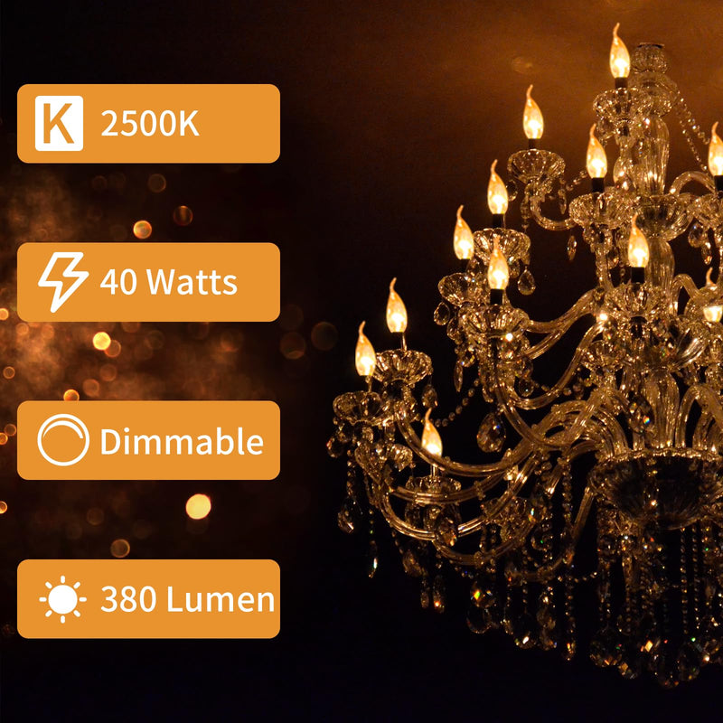 [Australia] - 12-Pack E12 Candle Light Bulbs 40W Warm White 2500K, 380 Lumen Dimmable Chandelier Light Bulbs for Ceiling Fan, Pendants or Outdoor, CA10 Clear Candelabra Base Bulbs 40W-12Pack 