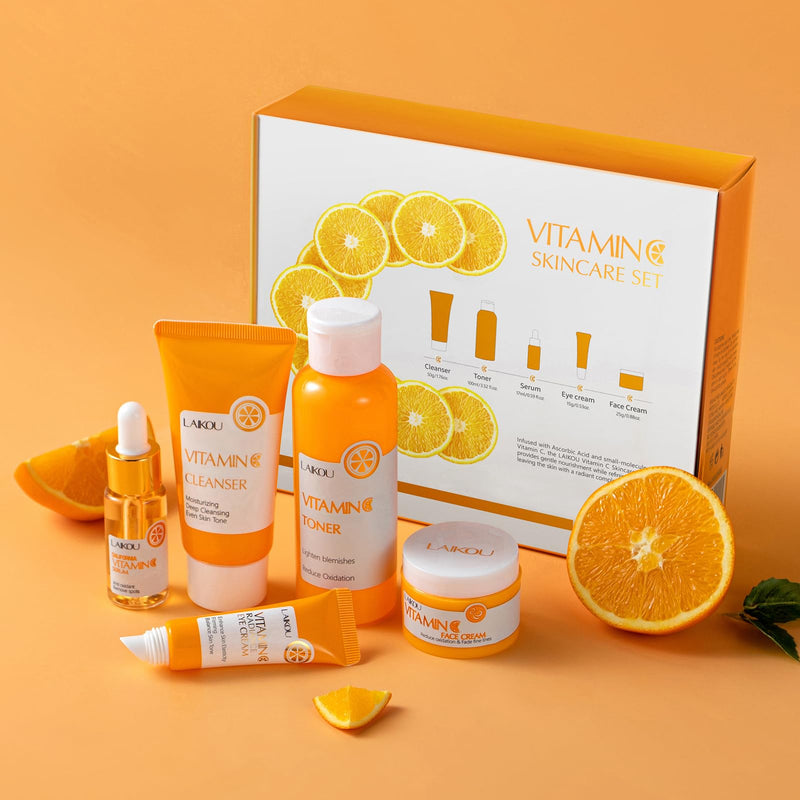 LAIKOU Vitamin C Skin Care, Skin Care Set Beginner Kit TSA-friendly 5pcs | Cleanser, Toner, Serum, Eye Cream, Face Cream for Women Teen Girls Mom Daughter Mother's Day Christmas Birthday