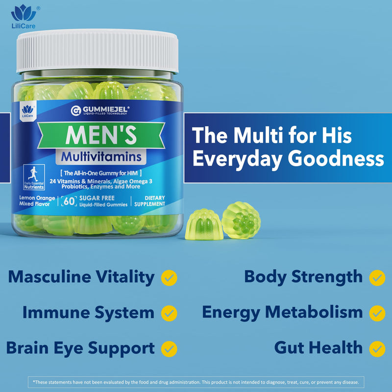 2 Pack - Mens Multivitamins Gummies, Methylated Multivitamin for Men, B Complex, Minerals, Vegan Omega 3, Probiotic, Enzyme, Antioxidants for Men's Complete Daily Support, Sugar Free, Vegan, (No Iron) 60 Count (Pack of 2)