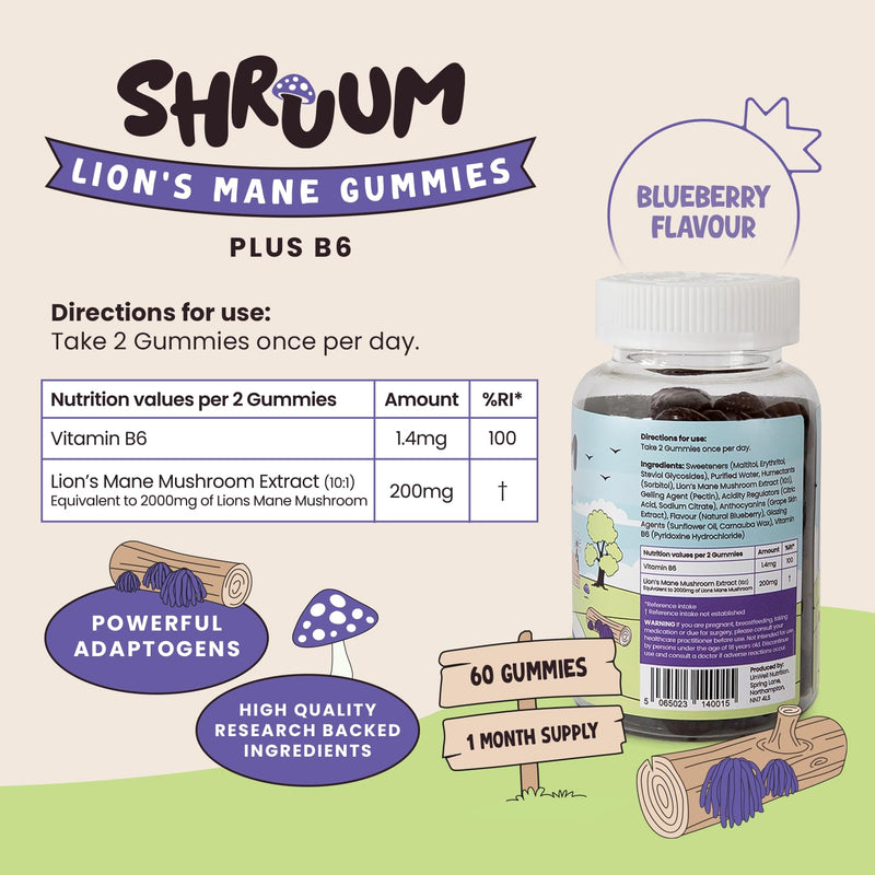 SHRUUM Lions Mane Gummies 2000mg - Mushroom Gummies for Focus & Clarity Without Caffeine - Sugar Free, Vegan, with Vitamin B6 - Blueberry - 60 Gummies (30 Day Supply)