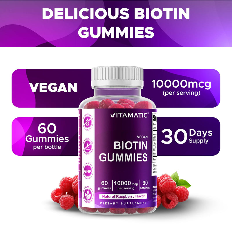 Vitamatic Biotin 10,000 mcg, 60 Vegan Gummies, Raspberry Flavor-3 Pack | 10000 mcg Per Serving, Natural Raspberry Flavor, Pectin Based, Non-GMO, Gluten Free, GMP Certified 3 Bottles