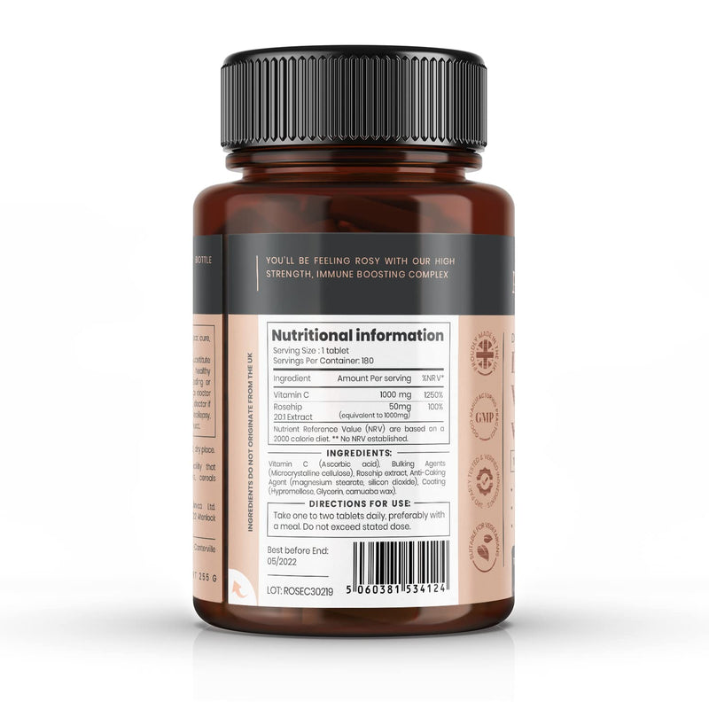 Vitamin C with Rosehip - 2000mg (1000mg VIT C & 1000mg Rosehip Extract) x 180 Tablets - 6 Months Supply 180 count (Pack of 1)