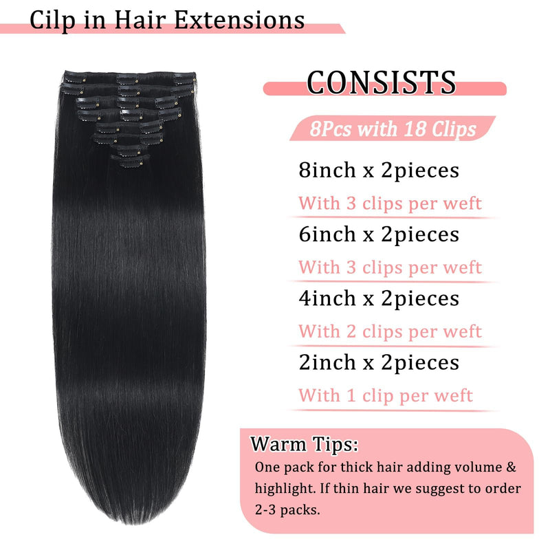 [Australia] - Clip in Hair Extensions Real Human Hair Clip in Extensions for Women Seamless Invisible Jet Black Natural Remy 100% Human Clips ins Extension 8pcs Double Weft 20 inch 3.7oz/105g 20 Inch-105g #1 Jet Black 