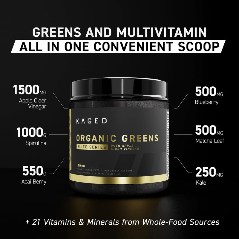Kaged Organic Greens Elite, Superfood and Greens Powder with Apple Cider Vinegar, Adaptogen, Prebiotics, Vitamins & Minerals, Berry, 30 Servings Berry (Elite)