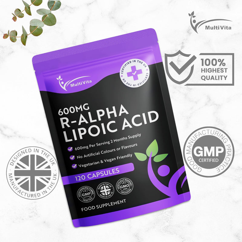 R-Alpha Lipoic Acid R-ALA 600mg Per Serving 120 Capsules High Strength Antioxidant Supplement, Contains Only the R Form, Non-GMO, UK Manufactured to GMP Standards
