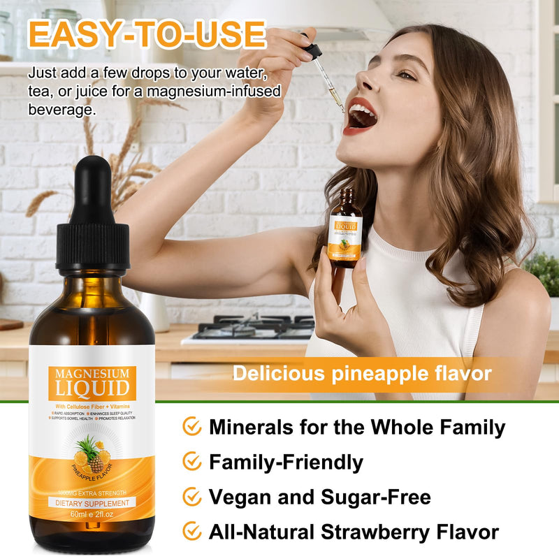 Magnesium Glycinate Liquid Drops Liquid Magnesium Complex with Glycinate,Taurate,Cellulose Fiber,Bromelain,Vitamin B6,C,D and Zinc Pineapple 120ml