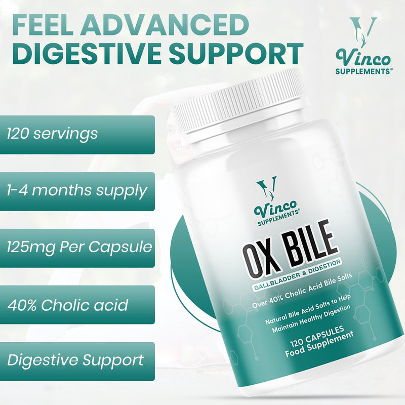Vinco Ox Bile Acid Salts - 125mg x 120 Capsules - Gallbladder and Digestion Support - Over 40% Cholic Acid Bile Salts - Grass Fed Source - GMP Certified, Non-GMO & Gluten Free - Made in The UK